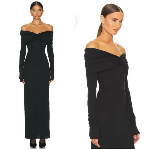 Helsa Matte Maxi Black Dress Jersey Off Shoulder Ruched Long Sleeve Size S - Picture 1 of 9